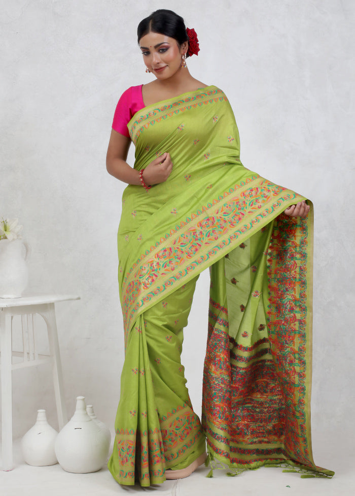 Green Dupion Silk Saree Without Blouse Piece - Indian Silk House Agencies