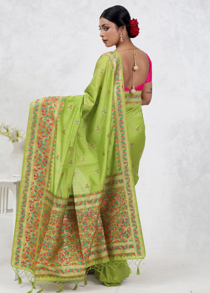 Green Dupion Silk Saree Without Blouse Piece - Indian Silk House Agencies