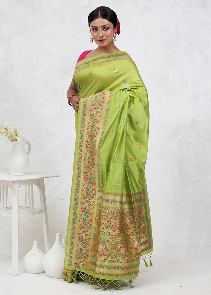 Green Dupion Silk Saree Without Blouse Piece - Indian Silk House Agencies