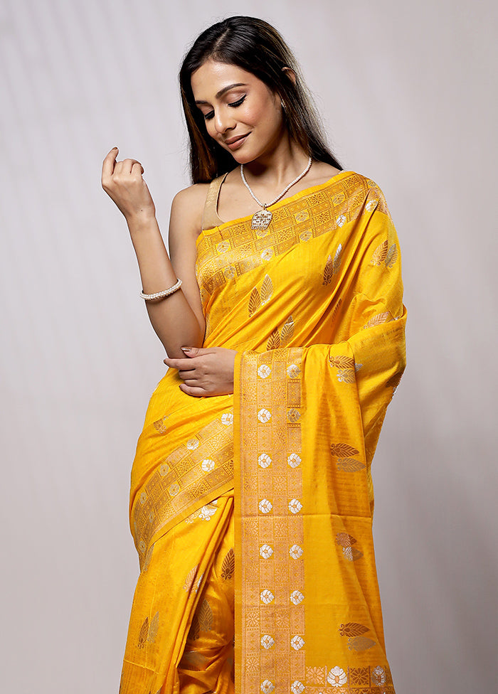 Yellow Dupion Silk Saree With Blouse Piece