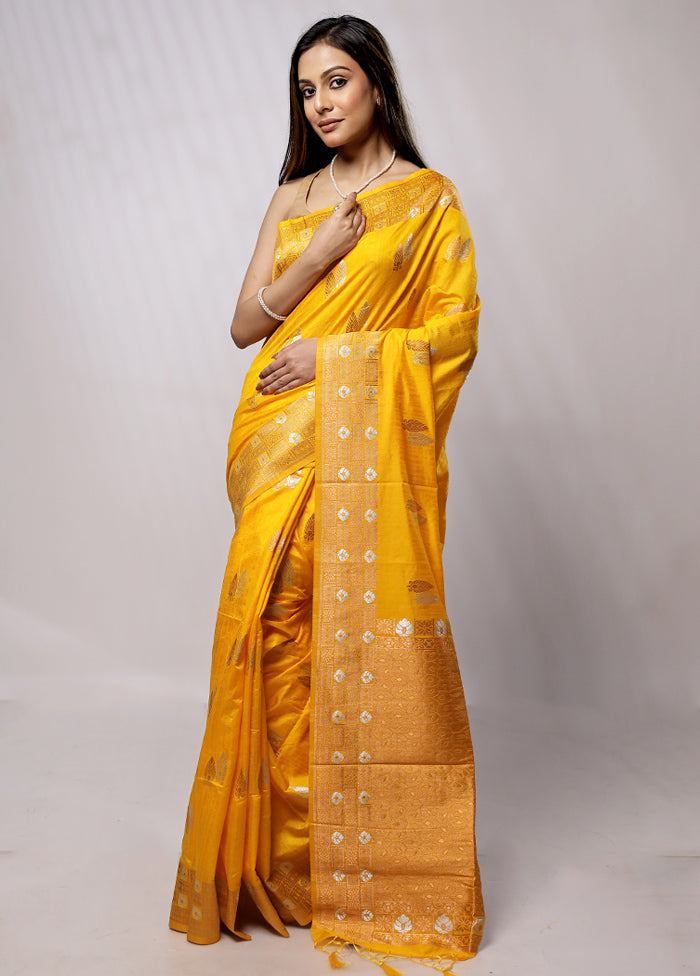 Yellow Dupion Silk Saree With Blouse Piece