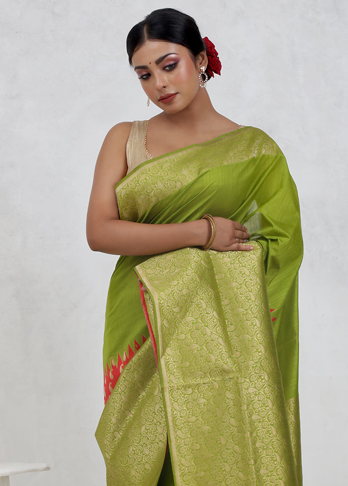 Green Dupion Silk Saree Without Blouse Piece - Indian Silk House Agencies