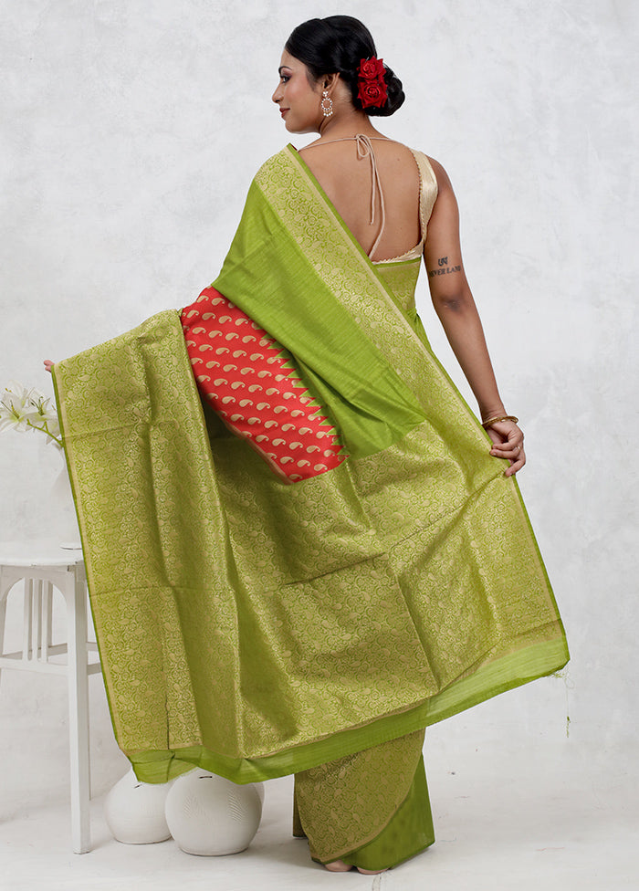 Green Dupion Silk Saree Without Blouse Piece - Indian Silk House Agencies