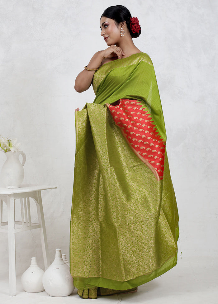 Green Dupion Silk Saree Without Blouse Piece - Indian Silk House Agencies