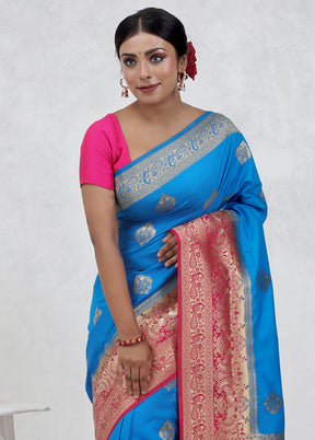 Blue Dupion Silk Saree Without Blouse Piece - Indian Silk House Agencies