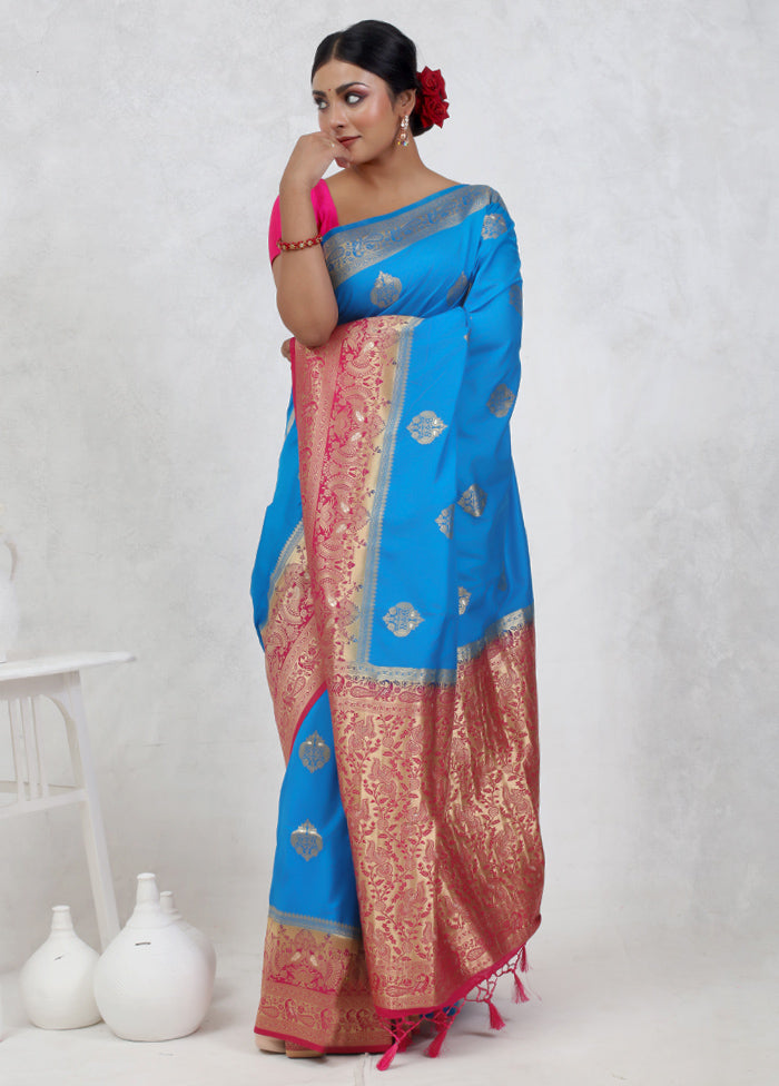 Blue Dupion Silk Saree Without Blouse Piece - Indian Silk House Agencies