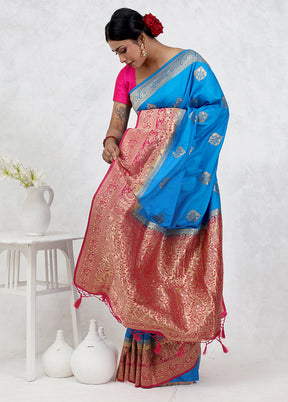 Blue Dupion Silk Saree Without Blouse Piece - Indian Silk House Agencies