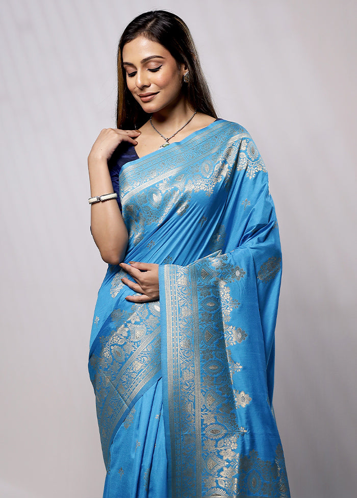 Blue Dupion Silk Saree With Blouse Piece - Indian Silk House Agencies