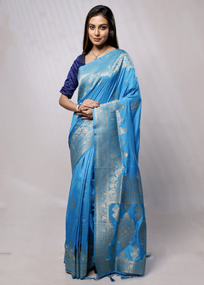 Blue Dupion Silk Saree With Blouse Piece - Indian Silk House Agencies