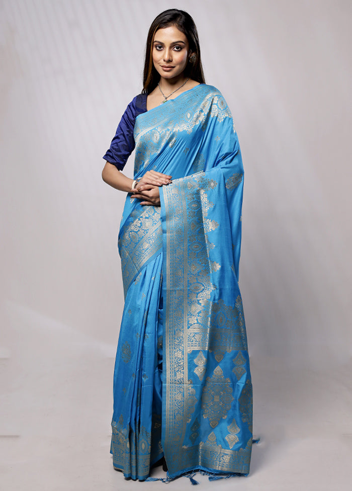 Blue Dupion Silk Saree With Blouse Piece