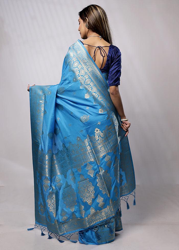 Blue Dupion Silk Saree With Blouse Piece - Indian Silk House Agencies