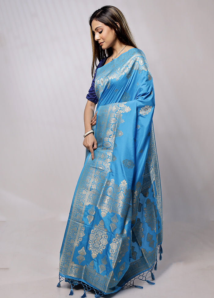 Blue Dupion Silk Saree With Blouse Piece