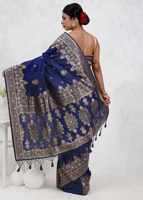 Blue Dupion Silk Saree Without Blouse Piece - Indian Silk House Agencies