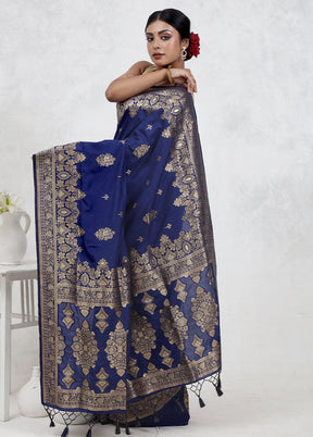 Blue Dupion Silk Saree Without Blouse Piece - Indian Silk House Agencies