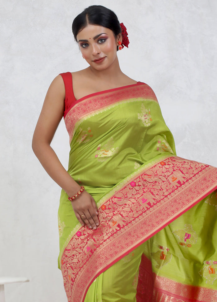 Green Dupion Silk Saree Without Blouse Piece - Indian Silk House Agencies