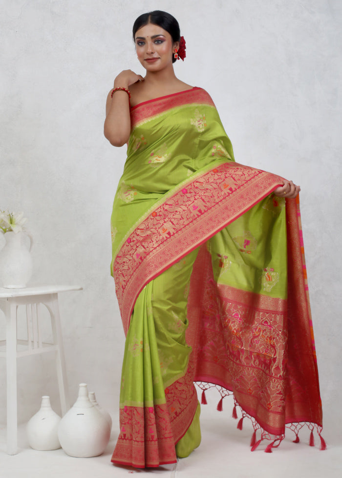 Green Dupion Silk Saree Without Blouse Piece - Indian Silk House Agencies