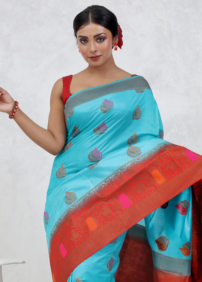 Blue Dupion Silk Saree Without Blouse Piece - Indian Silk House Agencies