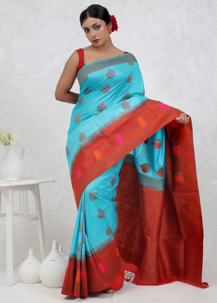 Blue Dupion Silk Saree Without Blouse Piece - Indian Silk House Agencies