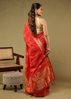 Red Dupion Silk Saree With Blouse Piece
