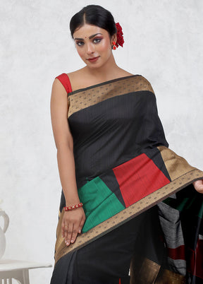 Black Dupion Silk Saree Without Blouse Piece - Indian Silk House Agencies