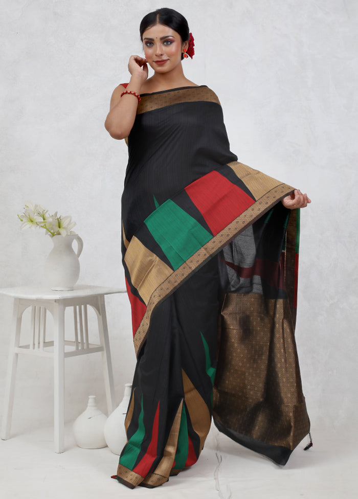 Black Dupion Silk Saree Without Blouse Piece - Indian Silk House Agencies