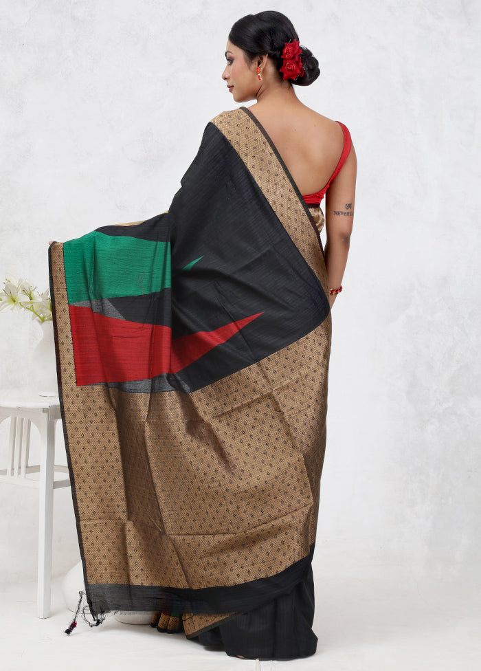 Black Dupion Silk Saree Without Blouse Piece - Indian Silk House Agencies