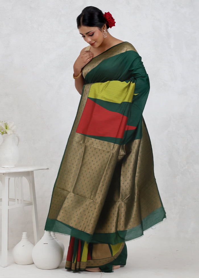 Green Dupion Silk Saree Without Blouse Piece - Indian Silk House Agencies