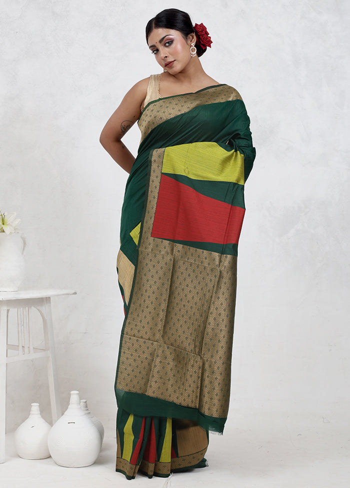 Green Dupion Silk Saree Without Blouse Piece - Indian Silk House Agencies