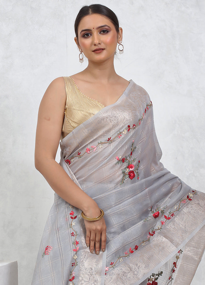 Grey Tissue Silk Saree With Blouse Piece