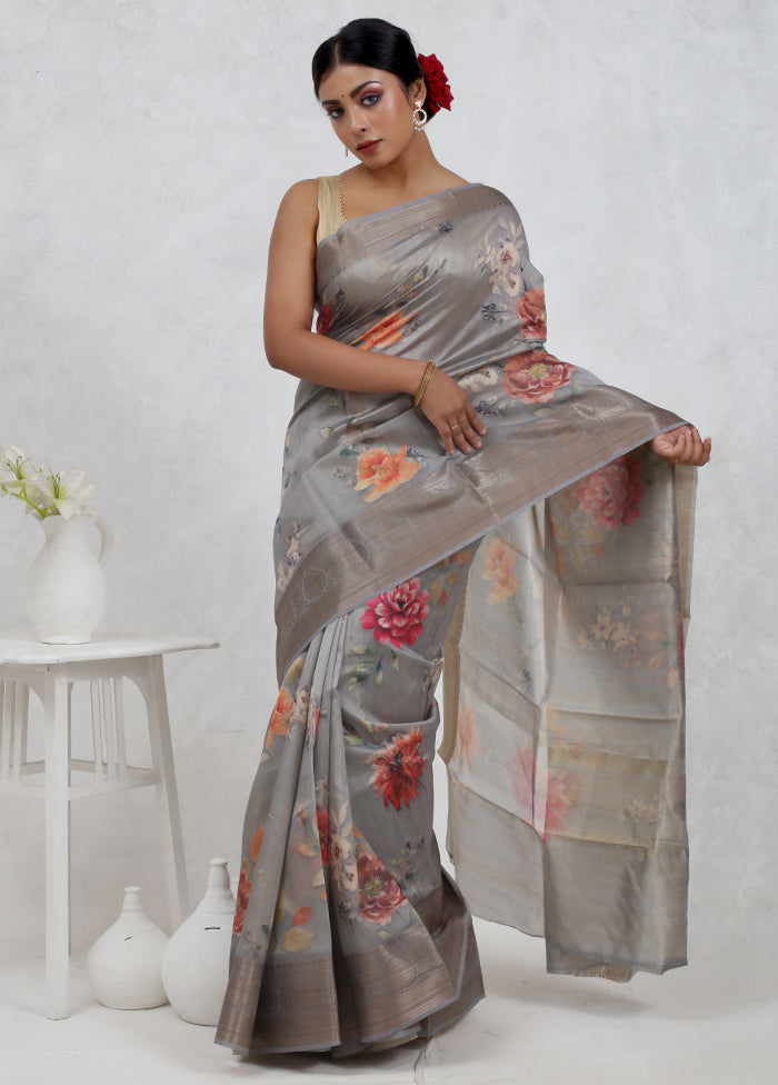 Grey Dupion Silk Saree Without Blouse Piece - Indian Silk House Agencies