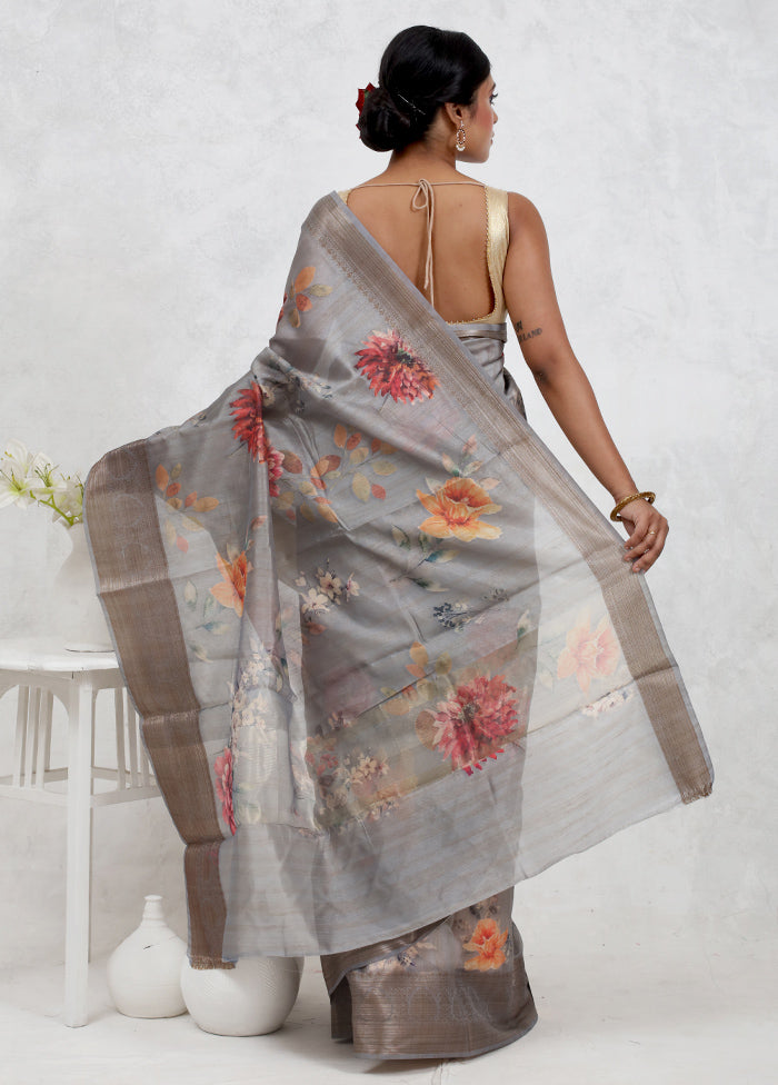 Grey Dupion Silk Saree Without Blouse Piece - Indian Silk House Agencies