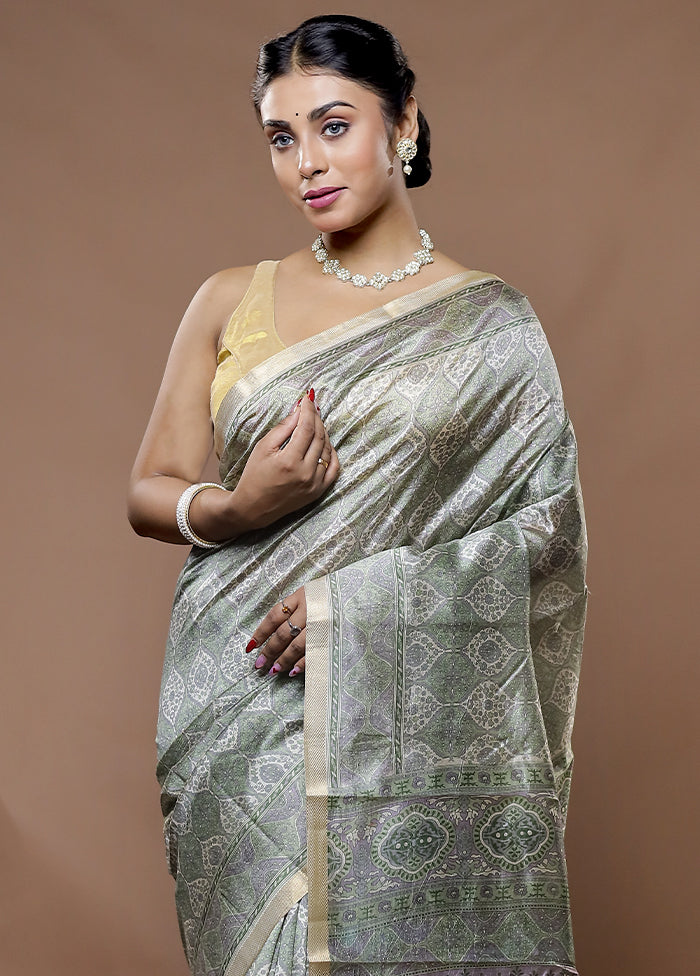 Cream Printed Pure Silk Saree With Blouse Piece - Indian Silk House Agencies