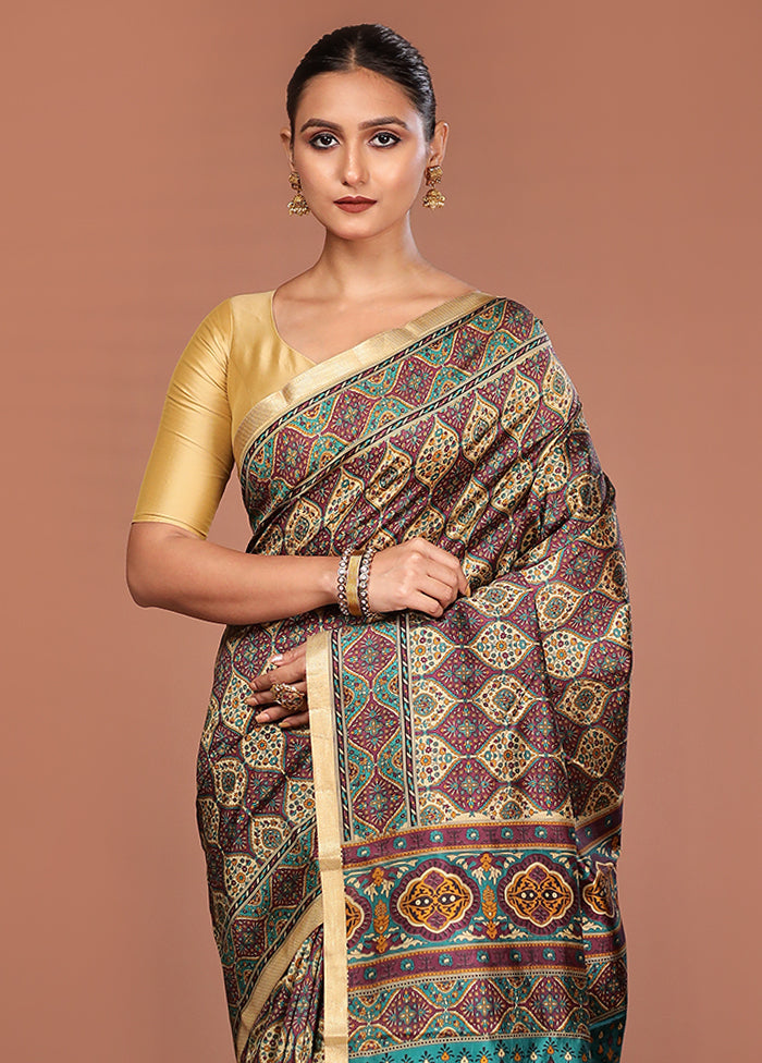 Cream Printed Pure Silk Saree Without Blouse Piece