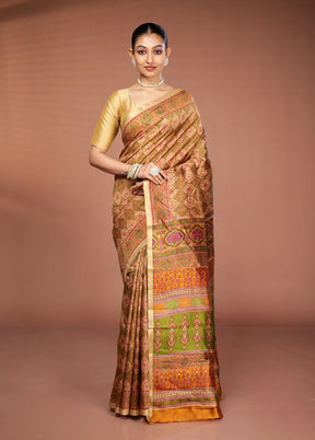Yellow Printed Pure Silk Saree Without Blouse Piece