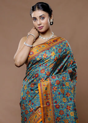 Blue Printed Pure Silk Saree With Blouse Piece - Indian Silk House Agencies