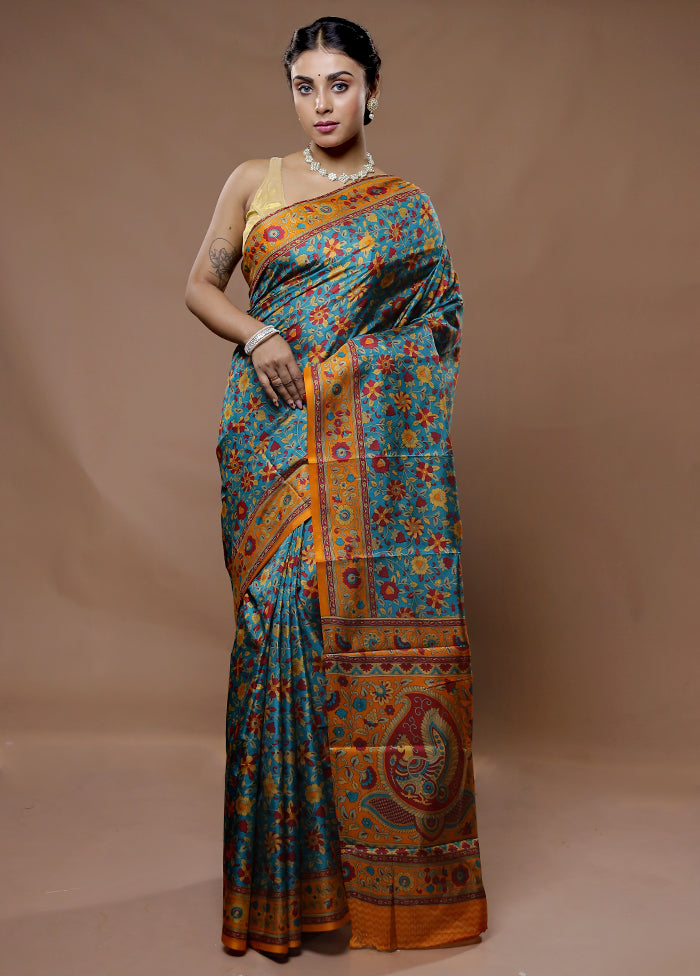 Blue Printed Pure Silk Saree With Blouse Piece - Indian Silk House Agencies