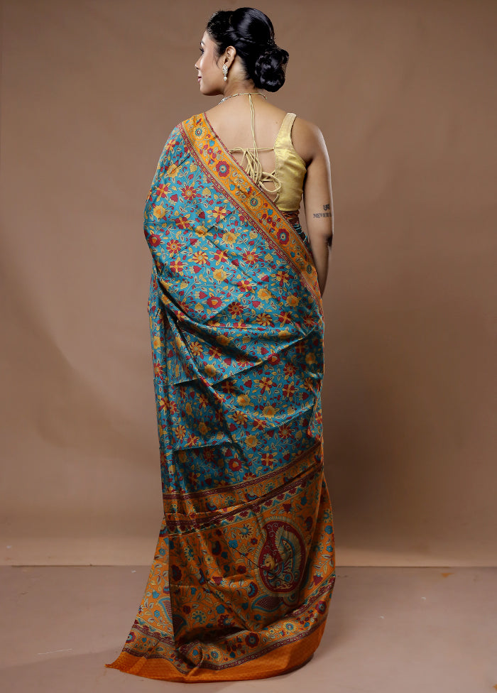 Blue Printed Pure Silk Saree With Blouse Piece - Indian Silk House Agencies