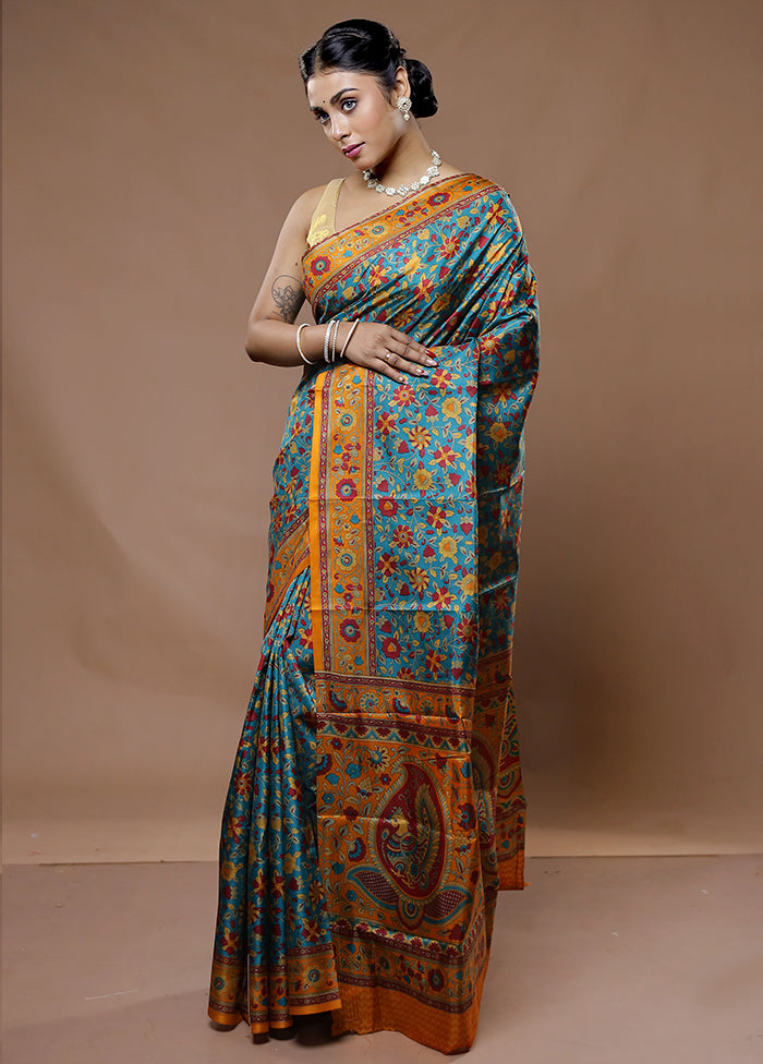 Blue Printed Pure Silk Saree With Blouse Piece - Indian Silk House Agencies