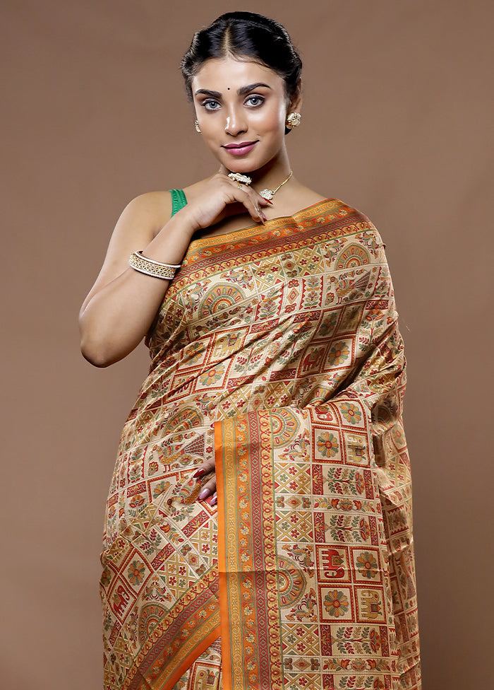 Cream Printed Pure Silk Saree With Blouse Piece - Indian Silk House Agencies