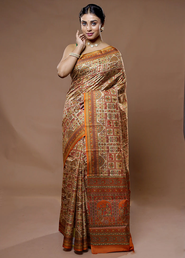 Cream Printed Pure Silk Saree With Blouse Piece - Indian Silk House Agencies