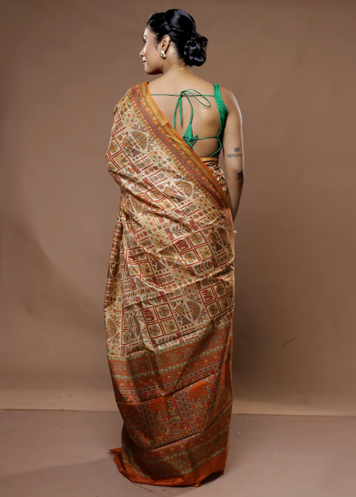 Cream Printed Pure Silk Saree With Blouse Piece - Indian Silk House Agencies