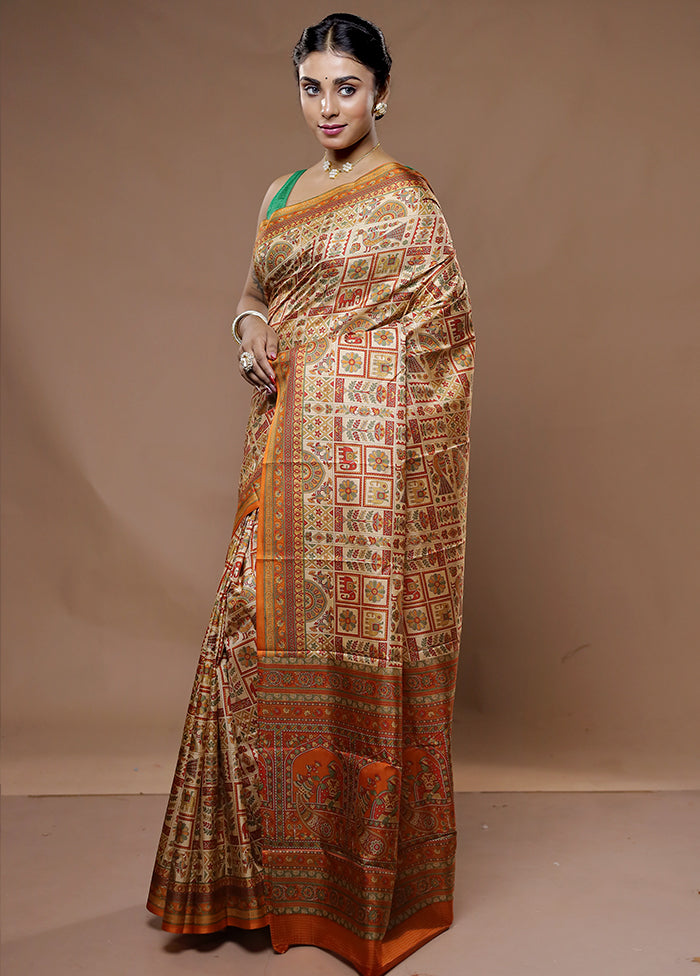 Cream Printed Pure Silk Saree With Blouse Piece - Indian Silk House Agencies