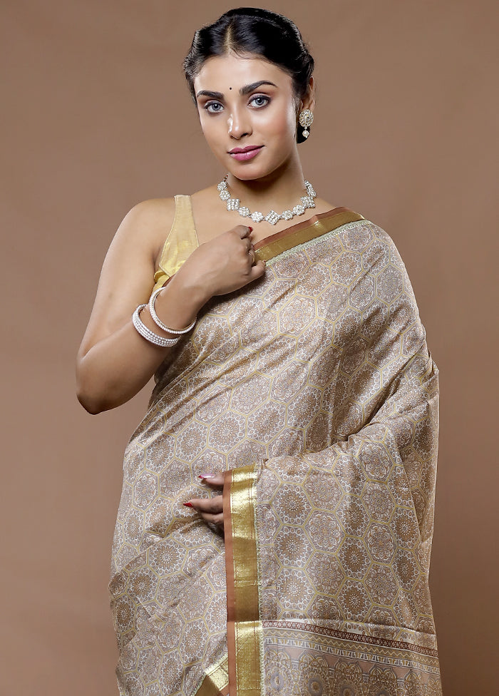 Cream Printed Pure Silk Saree With Blouse Piece - Indian Silk House Agencies