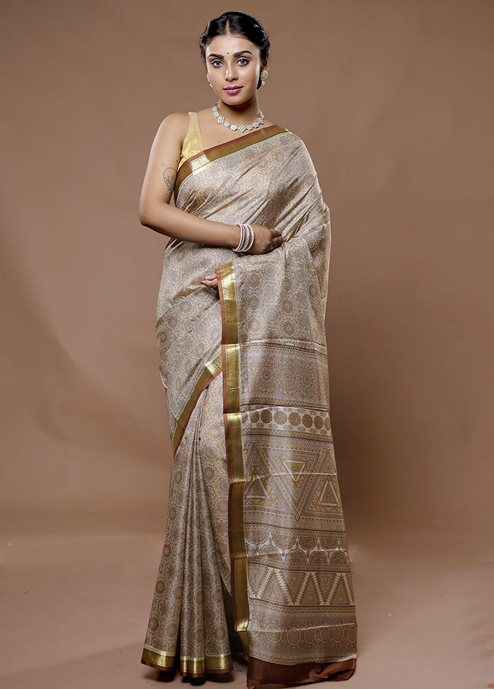 Cream Printed Pure Silk Saree With Blouse Piece - Indian Silk House Agencies