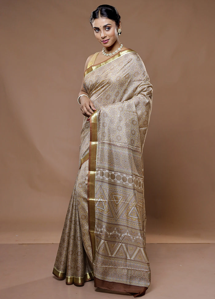 Cream Printed Pure Silk Saree With Blouse Piece - Indian Silk House Agencies