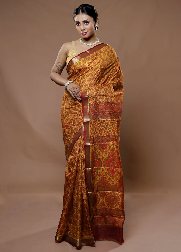 Yellow Printed Pure Silk Saree With Blouse Piece - Indian Silk House Agencies