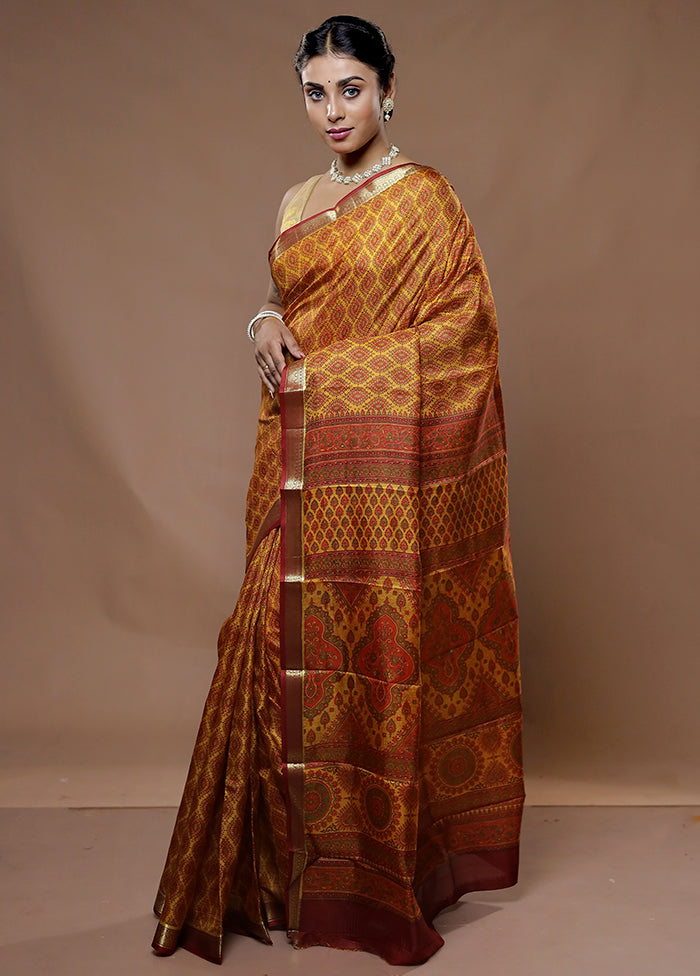 Yellow Printed Pure Silk Saree With Blouse Piece - Indian Silk House Agencies