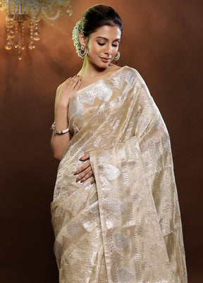 Cream Crushed Tissue Silk Saree With Blouse Piece