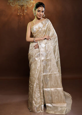 Cream Crushed Tissue Silk Saree With Blouse Piece