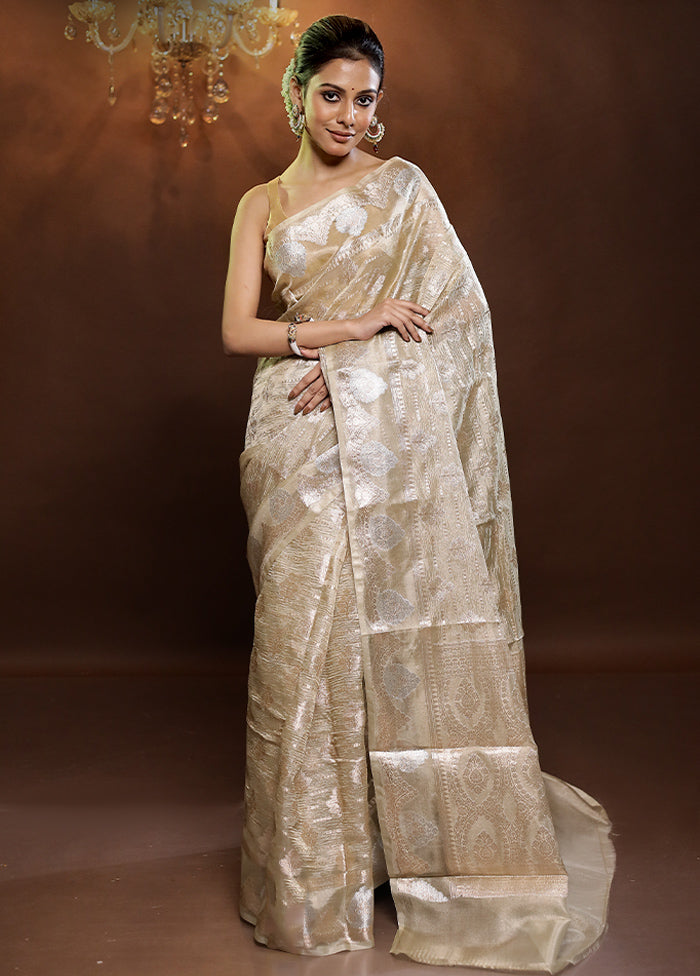 Cream Crushed Tissue Silk Saree With Blouse Piece